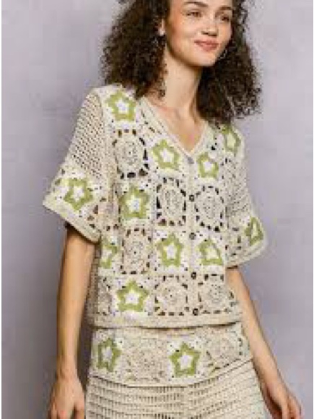 POL Crochet V-Neck Short Sleeve Top in Cream with Green Accents
